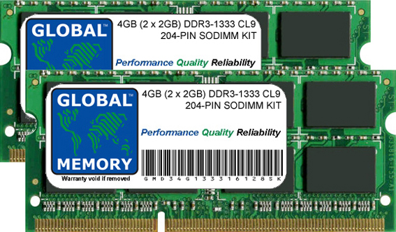 4GB (2 x 2GB) DDR3 1333MHz PC3-10600 204-PIN SODIMM MEMORY RAM KIT FOR TOSHIBA LAPTOPS/NOTEBOOKS